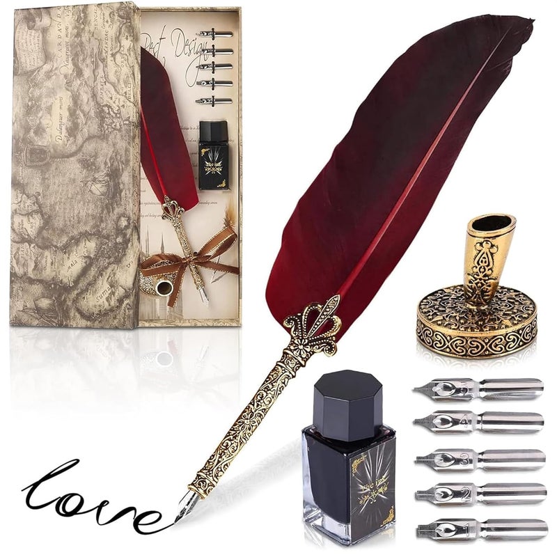 Kotko Classic Goose Feather Pen and Ink Set - Old Fashion Red Feather Quill Pen and Ink Set with Stainless Steel Nib for Calligraphy Practice, Drawing & Signatures - Thoughtful Writer Gifts - Image 1